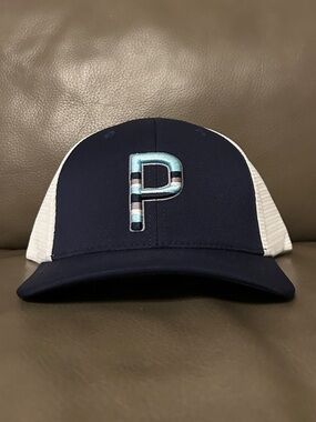Puma Golf Navy/White Sundown P Flexfit 110 Trucker Snapback Hat